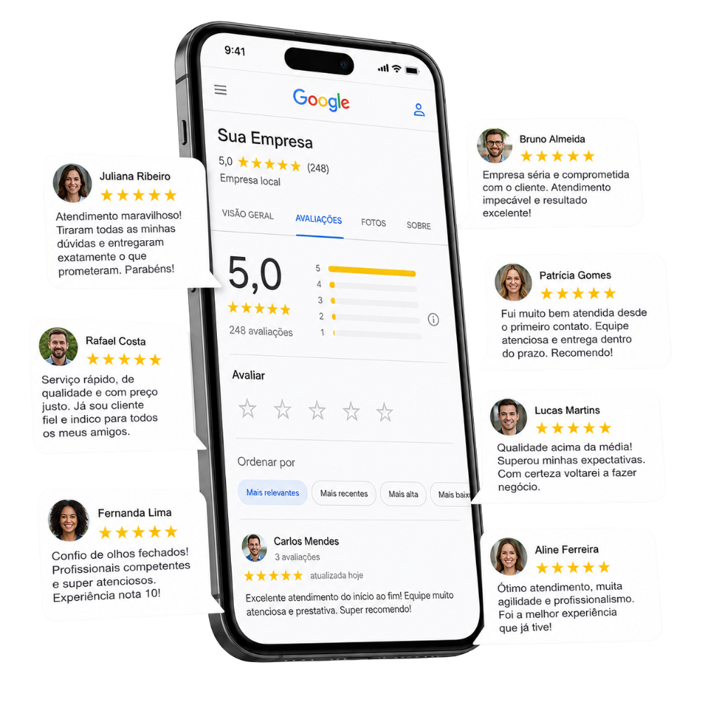 Celular exibindo a tela de avaliações do Google da Sua Empresa com depoimentos de clientes ao redor