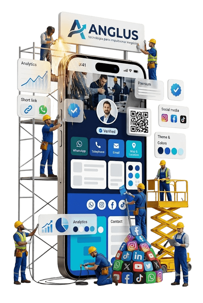 Celular exibindo um mini site MagicTag com foto, botões, catálogo e redes sociais